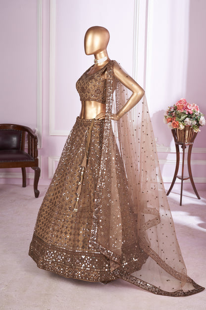 Keshavini Brown Soft Net Embroidered Lehenga Choli