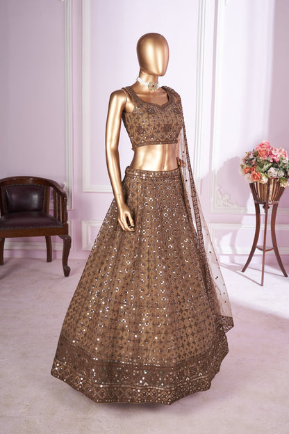 Keshavini Brown Soft Net Embroidered Lehenga Choli