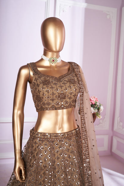Keshavini Brown Soft Net Embroidered Lehenga Choli