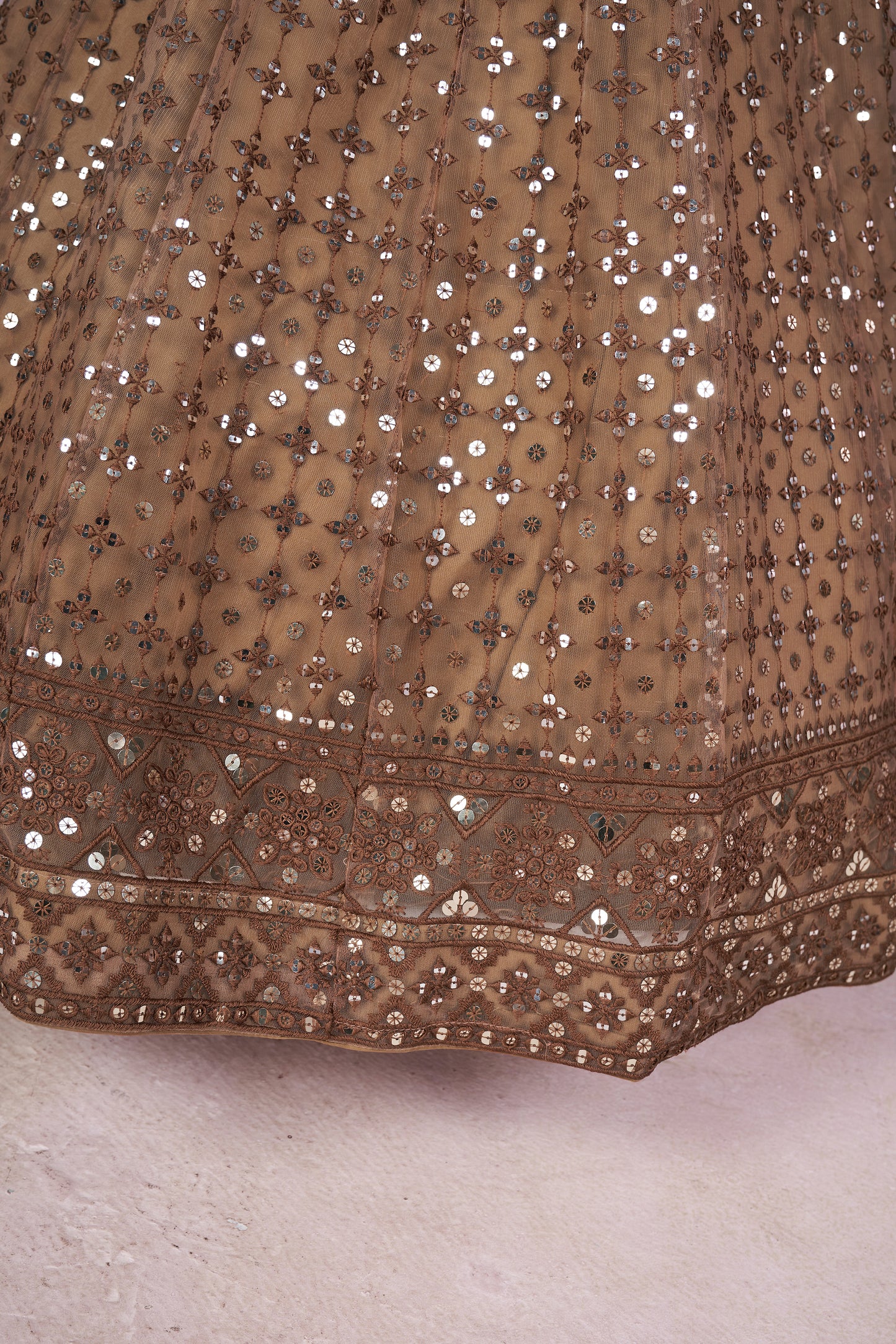 Keshavini Brown Soft Net Embroidered Lehenga Choli