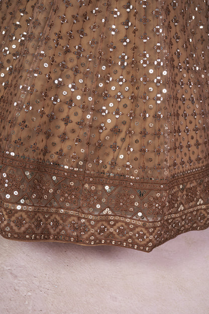Keshavini Brown Soft Net Embroidered Lehenga Choli