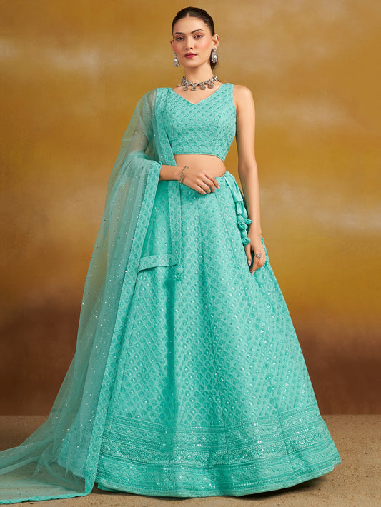 Noor Sky Blue Chikankari Georgette Lehenga Set