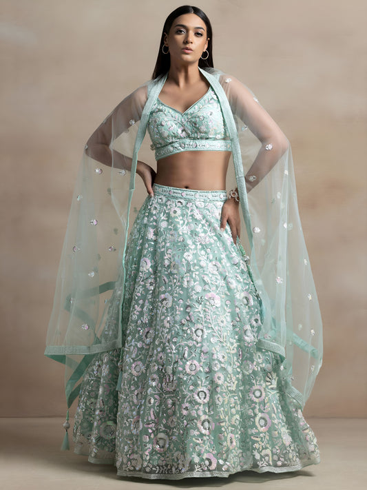 Kairavee Blue Soft Net Embroidered Lehenga Choli