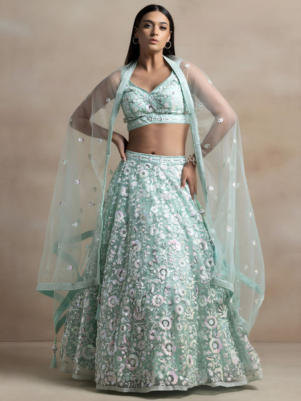 Kairavee Blue Soft Net Embroidered Lehenga Choli