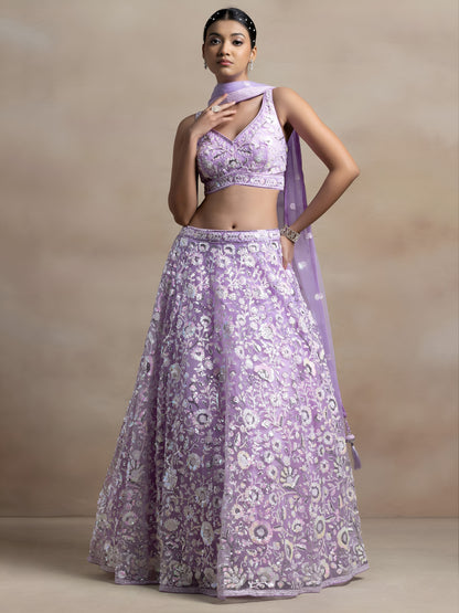 Mokshitha Lavender Soft Net Embroidered Lehenga Choli