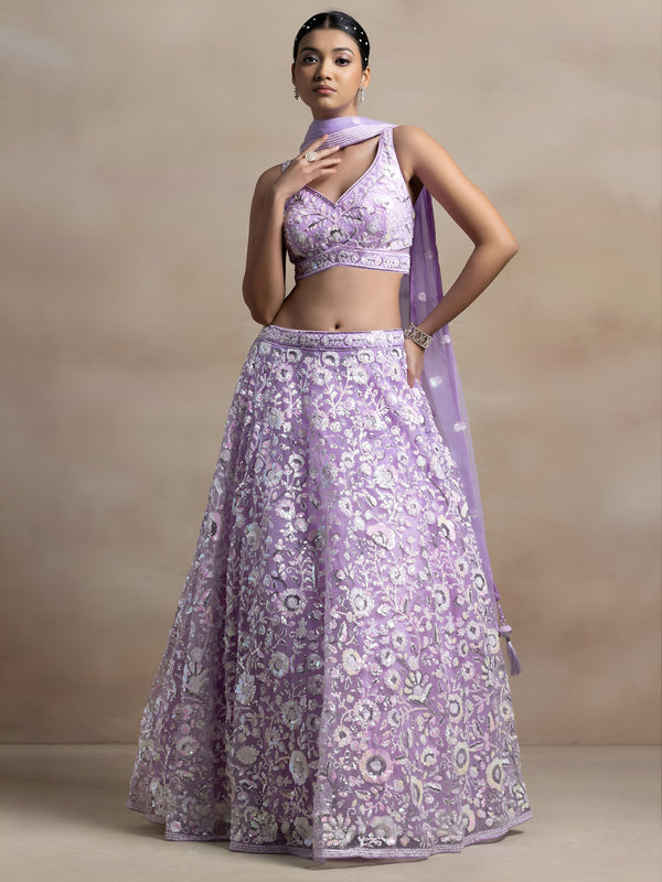 Mokshitha Lavender Soft Net Embroidered Lehenga Choli