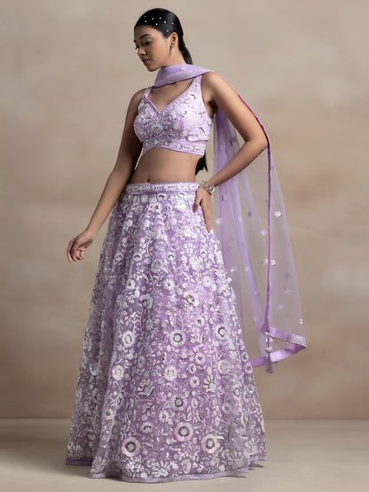 Mokshitha Lavender Soft Net Embroidered Lehenga Choli