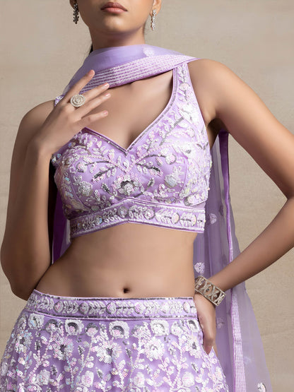 Mokshitha Lavender Soft Net Embroidered Lehenga Choli
