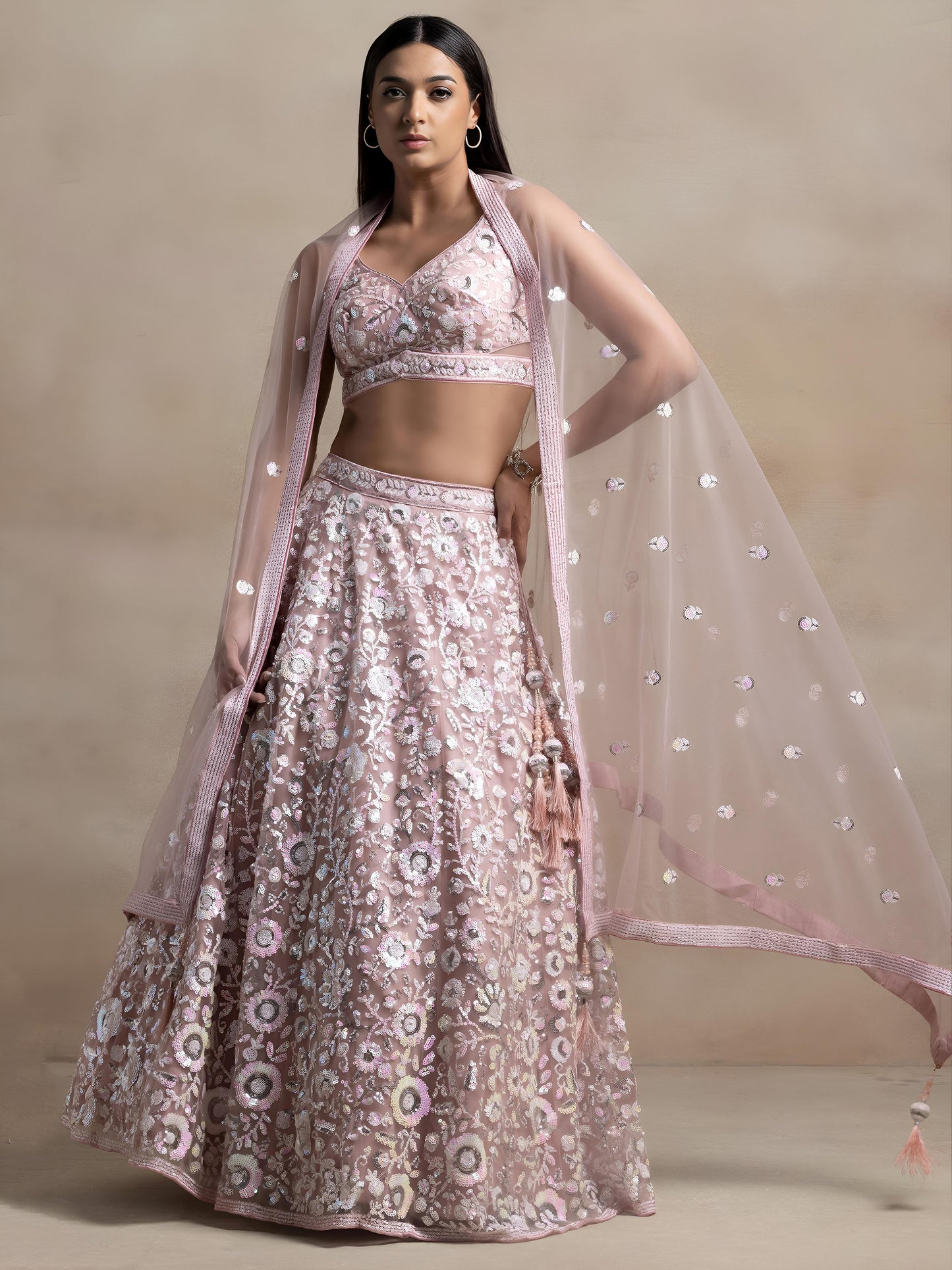 Pranvika Pink Soft Net Embroidered Lehenga Choli
