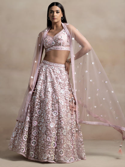Pranvika Pink Soft Net Embroidered Lehenga Choli