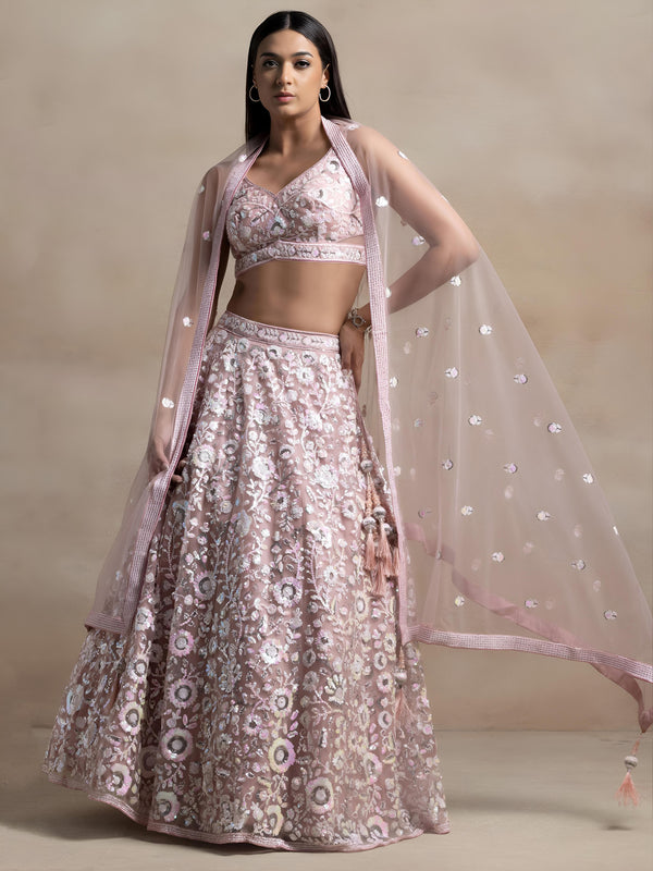 Pranvika Pink Soft Net Embroidered Lehenga Choli