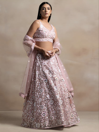 Pranvika Pink Soft Net Embroidered Lehenga Choli