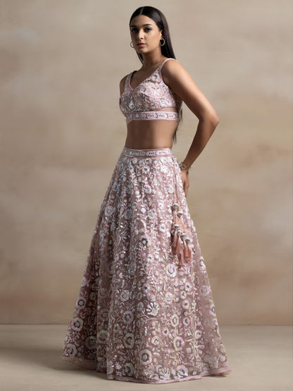 Pranvika Pink Soft Net Embroidered Lehenga Choli