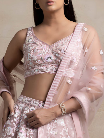 Pranvika Pink Soft Net Embroidered Lehenga Choli
