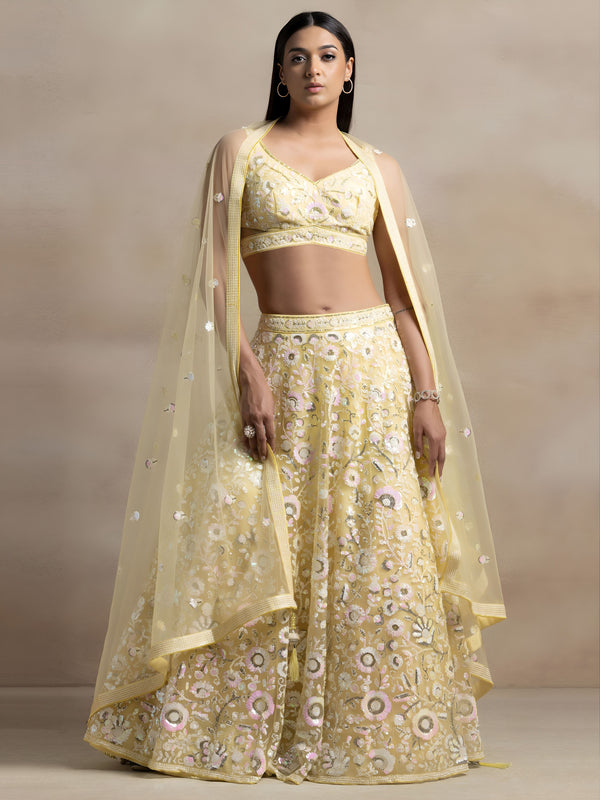 Kyraja Yellow Soft Net Embroidered Lehenga Choli