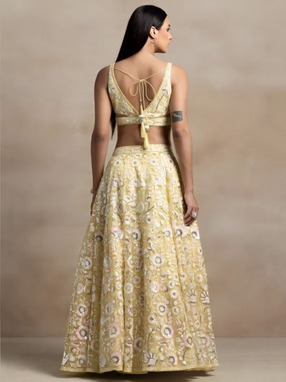 Kyraja Yellow Soft Net Embroidered Lehenga Choli