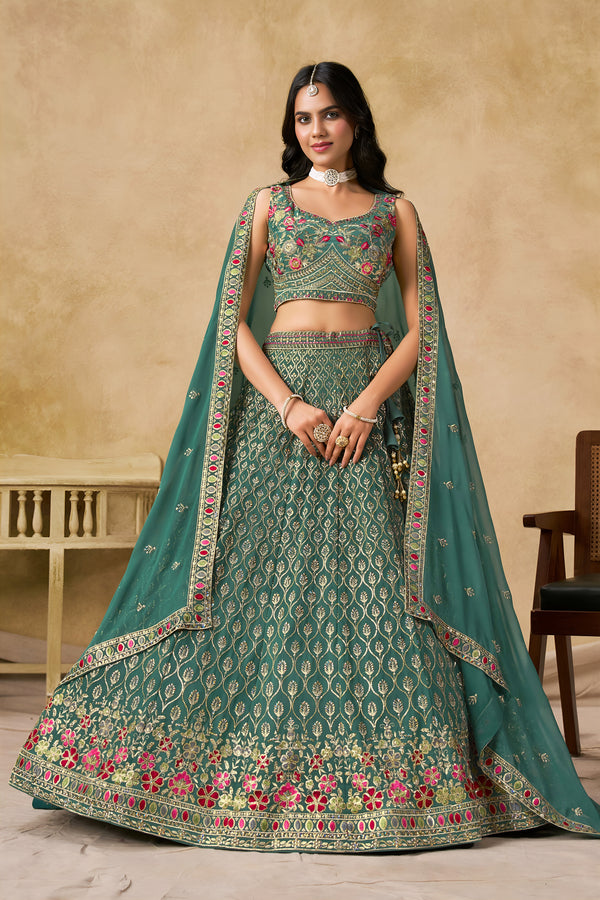 Veyanshi Teal Green Georgette Embroidered Lehenga Choli with Dupatta