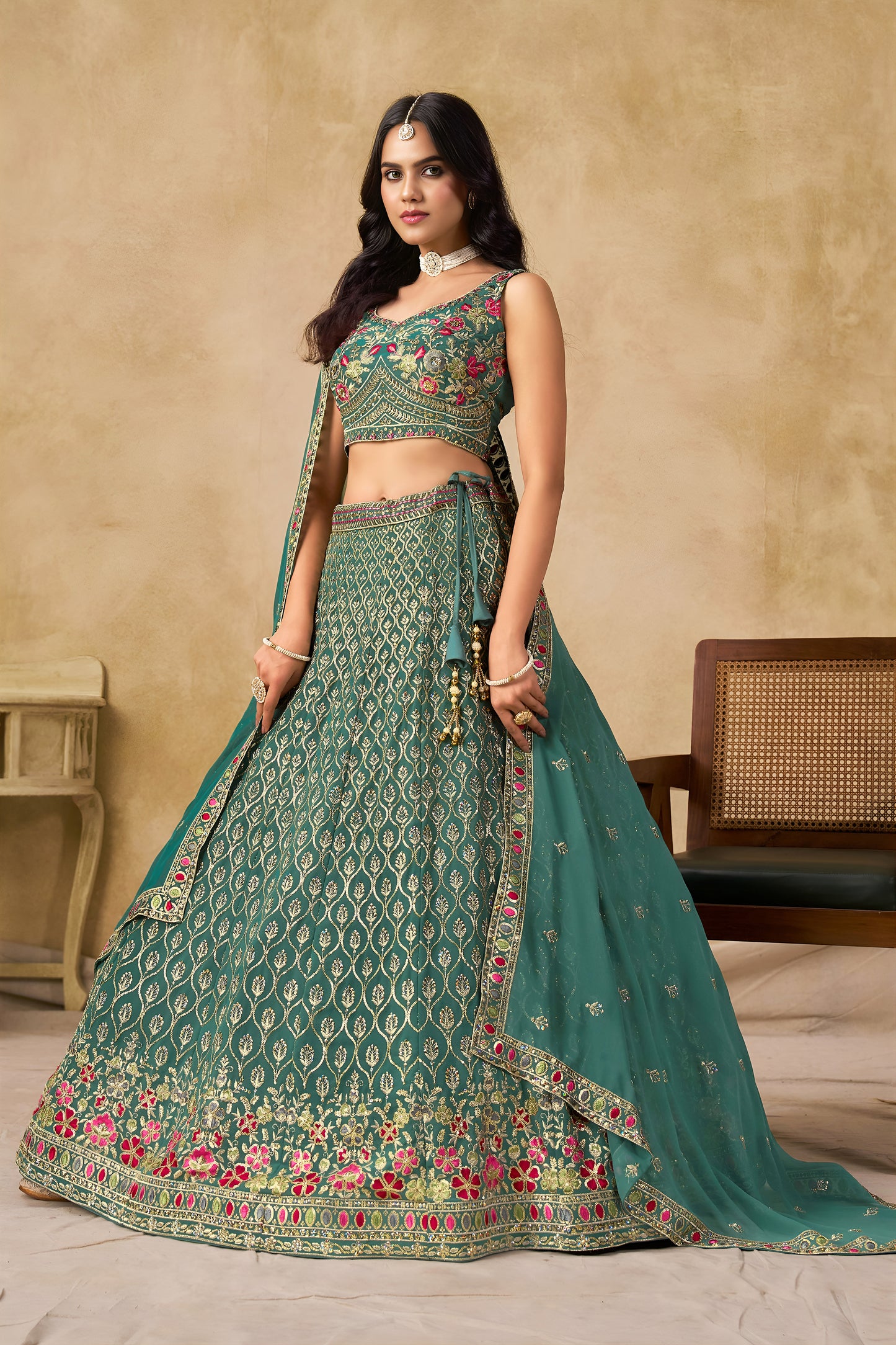 Veyanshi Teal Green Georgette Embroidered Lehenga Choli with Dupatta