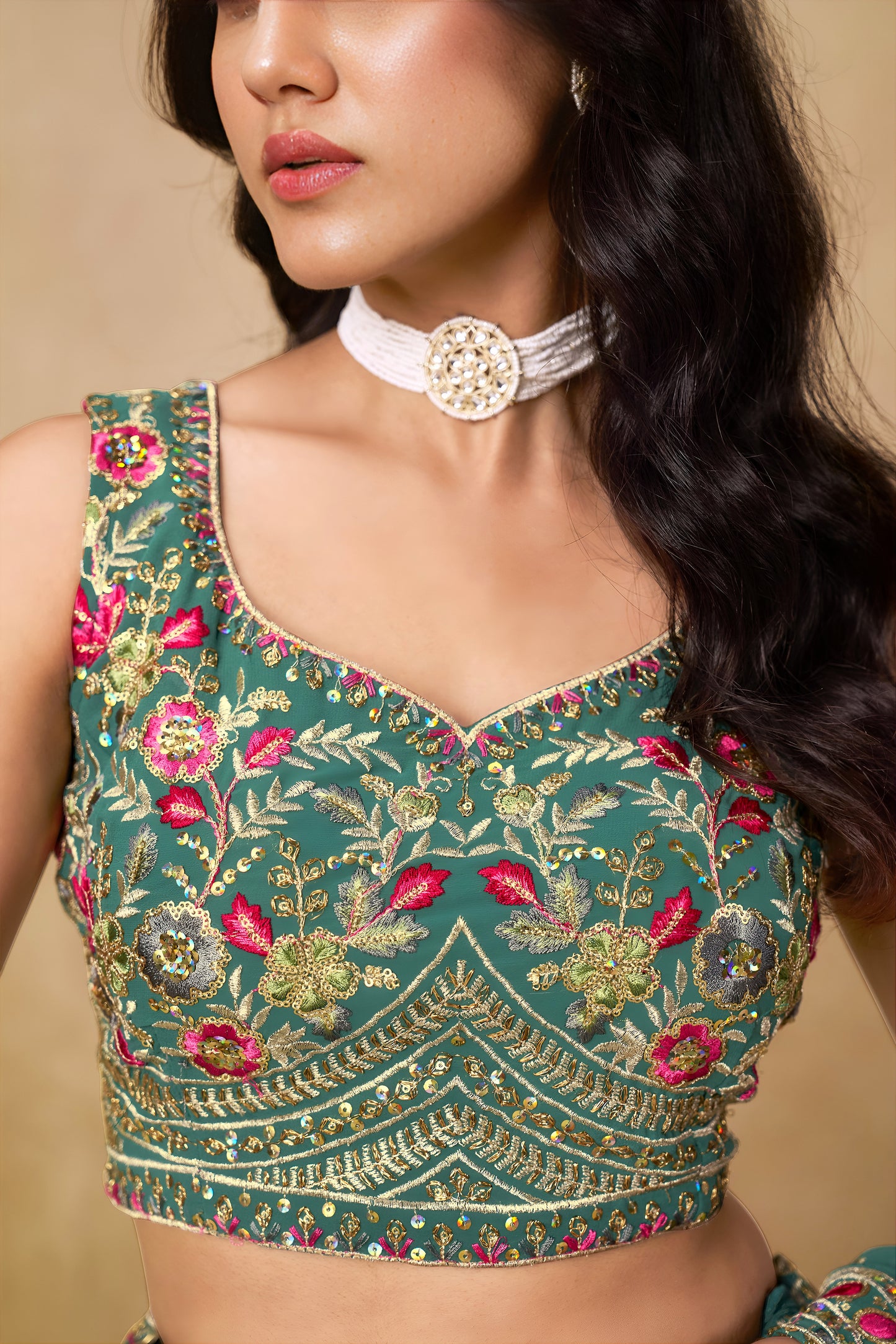 Veyanshi Teal Green Georgette Embroidered Lehenga Choli with Dupatta