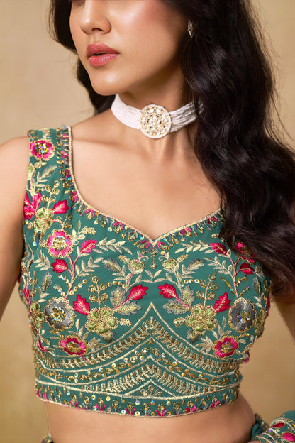 Veyanshi Teal Green Georgette Embroidered Lehenga Choli with Dupatta