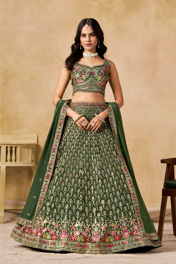 Ishvanya Green Georgette Embroidered Lehenga Choli with Dupatta