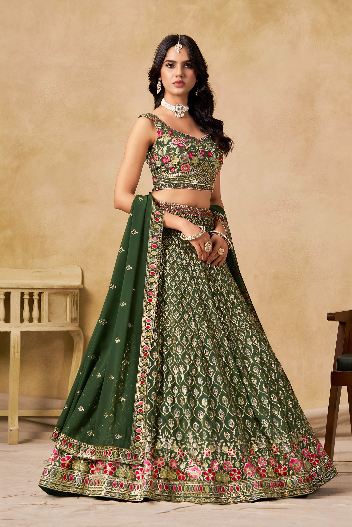 Ishvanya Green Georgette Embroidered Lehenga Choli with Dupatta
