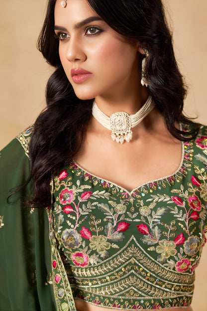 Ishvanya Green Georgette Embroidered Lehenga Choli with Dupatta