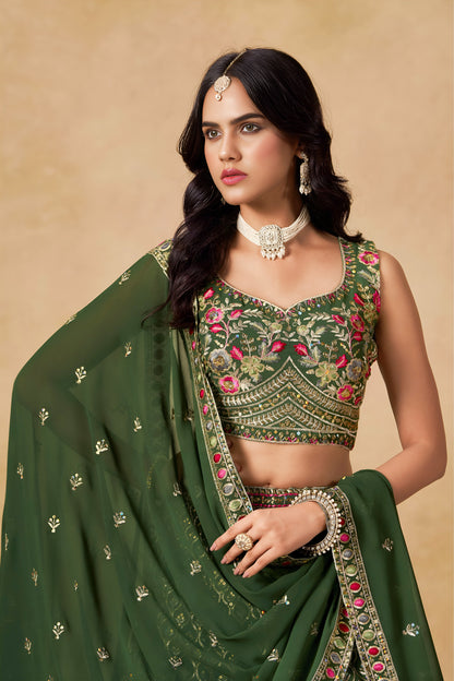 Ishvanya Green Georgette Embroidered Lehenga Choli with Dupatta
