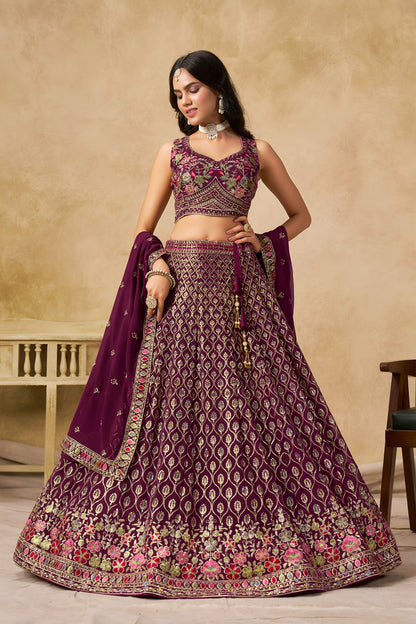 Aaryashree Maroon Georgette Embroidered Lehenga Choli with Dupatta