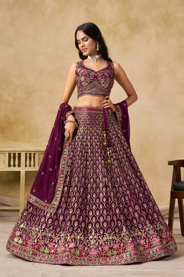 Aaryashree Maroon Georgette Embroidered Lehenga Choli with Dupatta