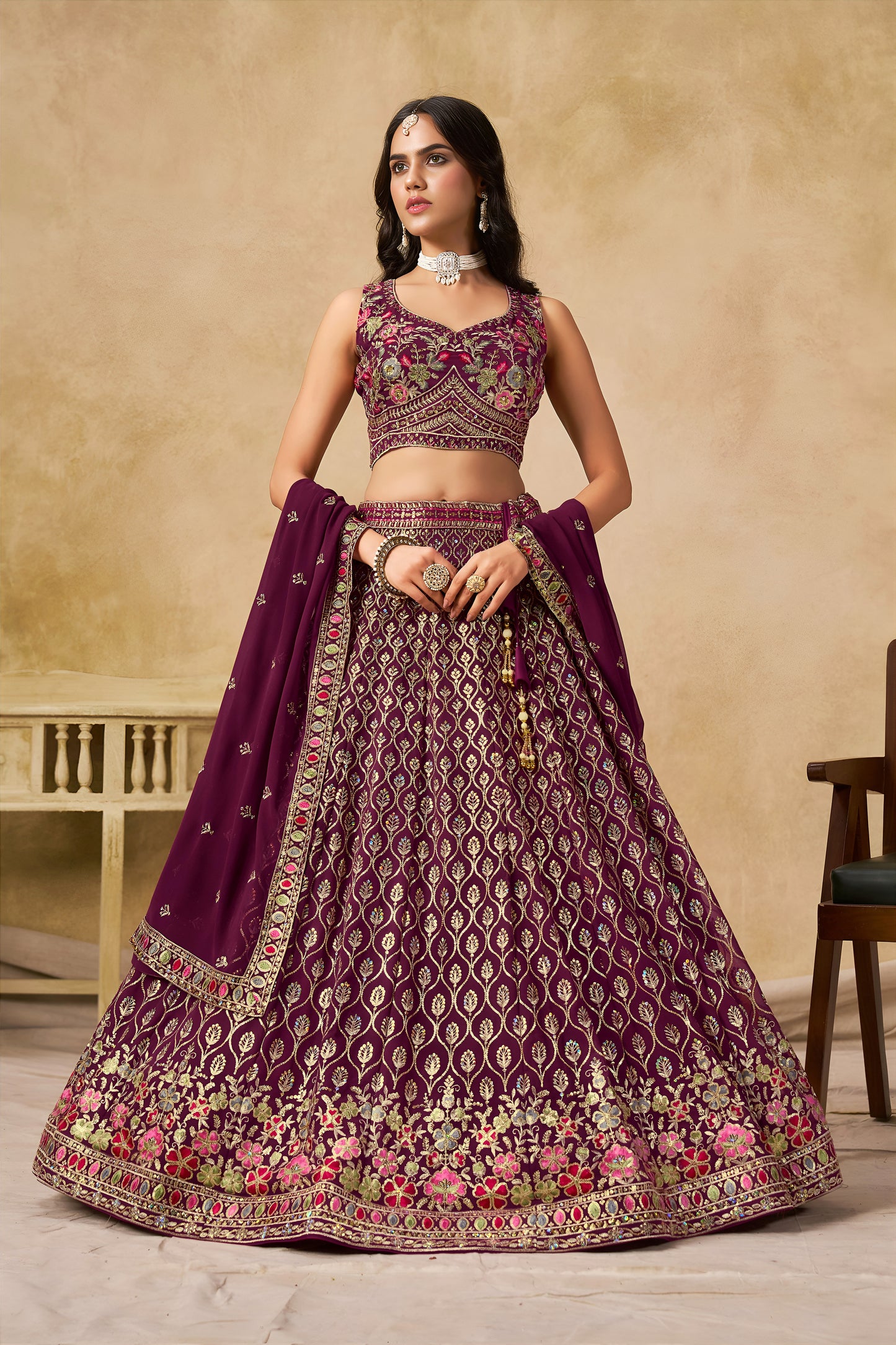 Aaryashree Maroon Georgette Embroidered Lehenga Choli with Dupatta