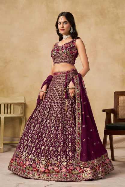 Aaryashree Maroon Georgette Embroidered Lehenga Choli with Dupatta
