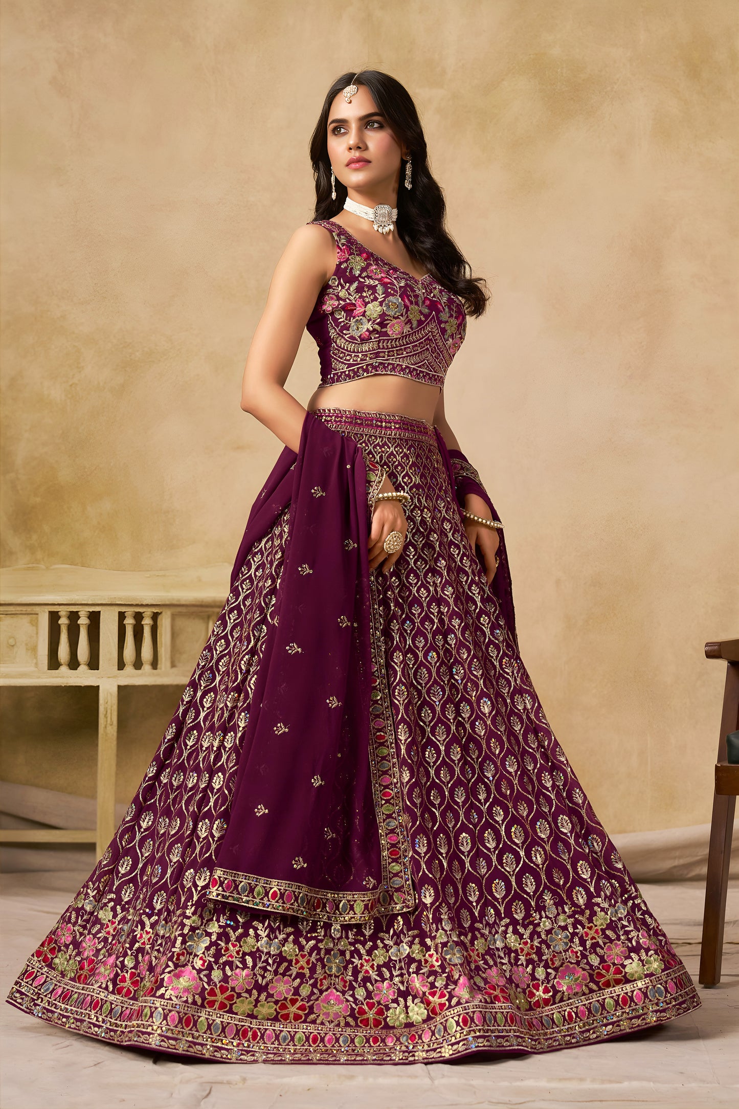 Aaryashree Maroon Georgette Embroidered Lehenga Choli with Dupatta