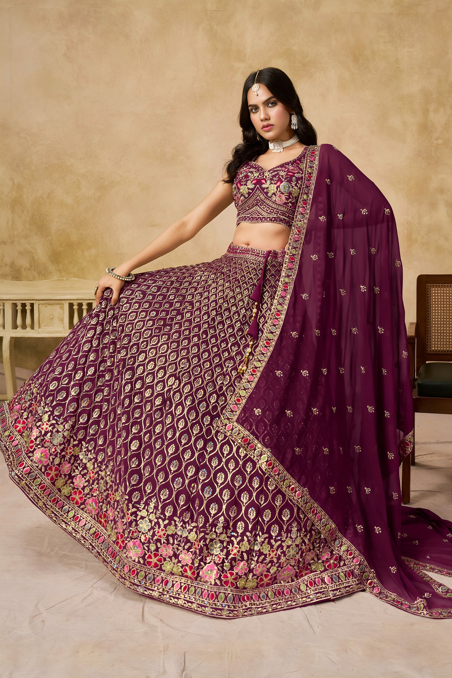 Aaryashree Maroon Georgette Embroidered Lehenga Choli with Dupatta