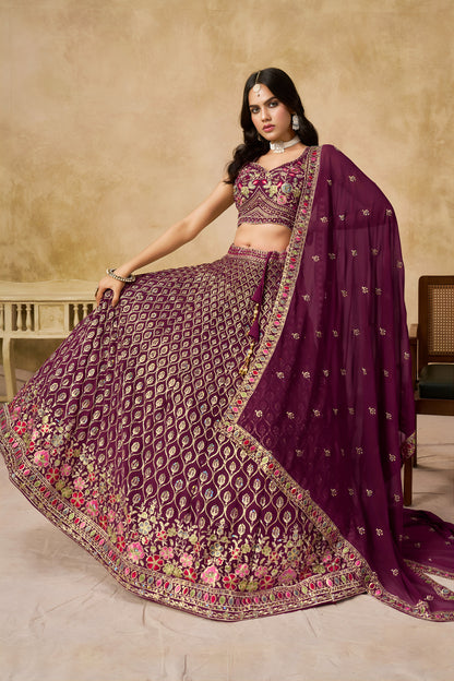 Aaryashree Maroon Georgette Embroidered Lehenga Choli with Dupatta