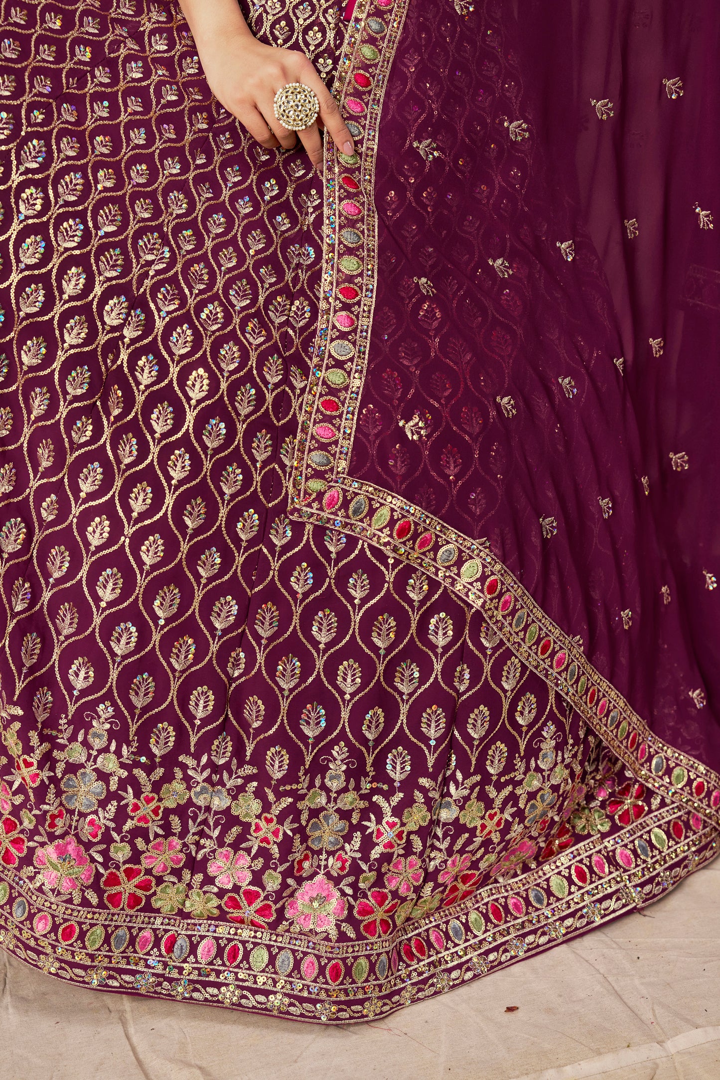 Aaryashree Maroon Georgette Embroidered Lehenga Choli with Dupatta