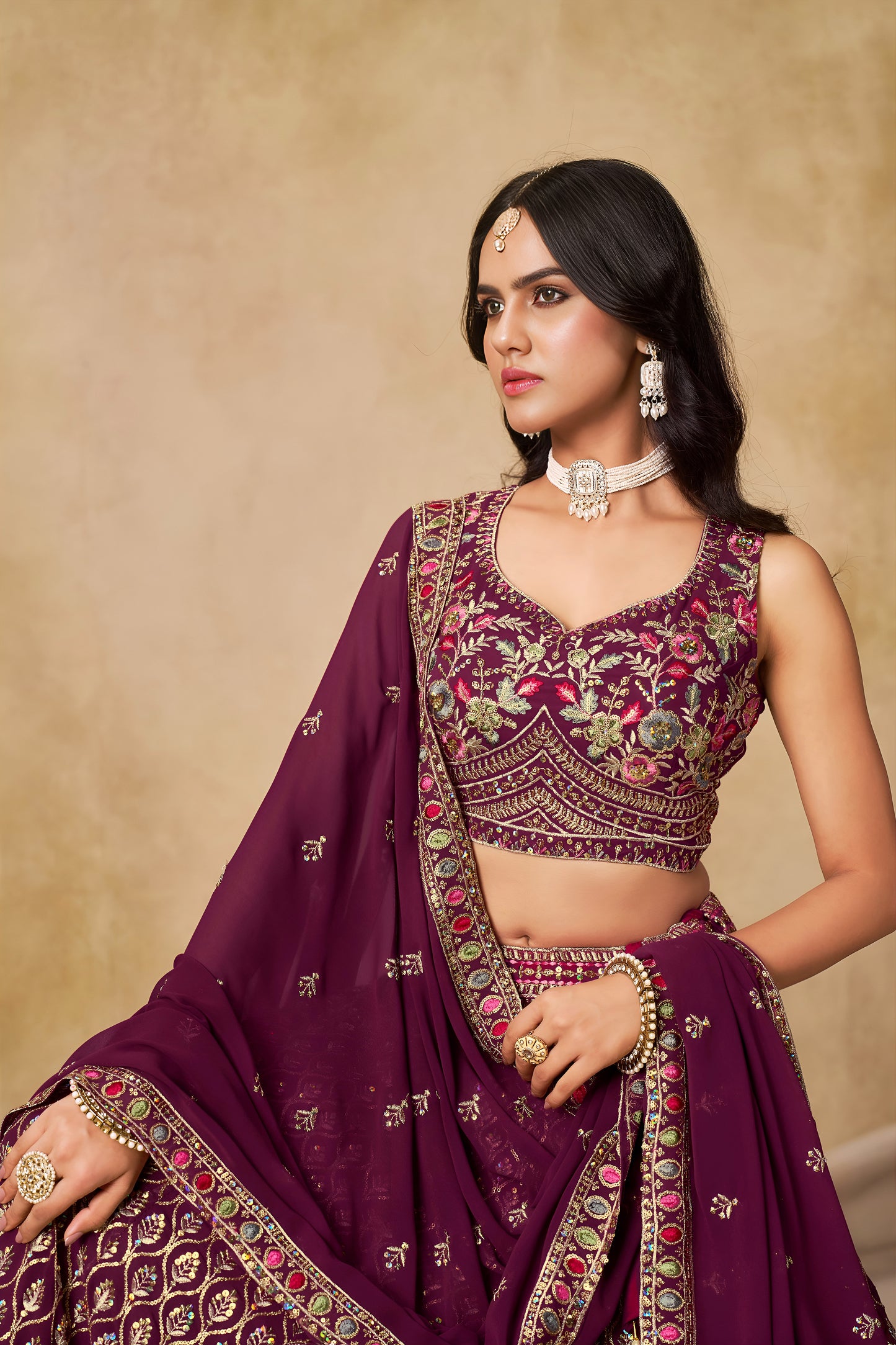 Aaryashree Maroon Georgette Embroidered Lehenga Choli with Dupatta