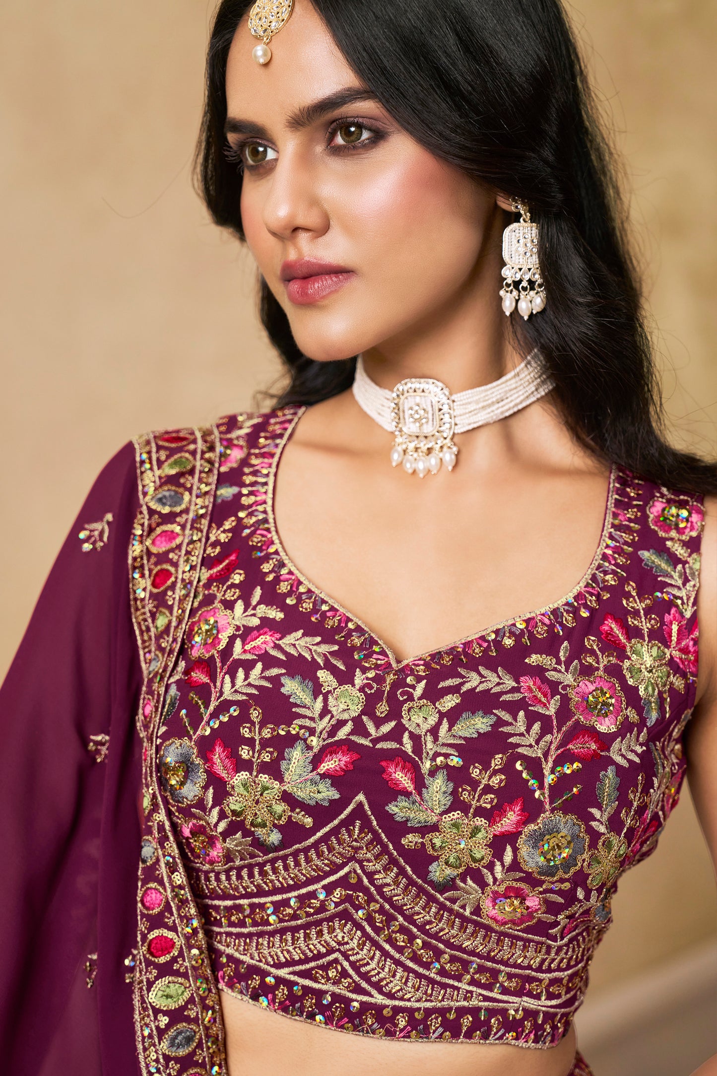 Aaryashree Maroon Georgette Embroidered Lehenga Choli with Dupatta