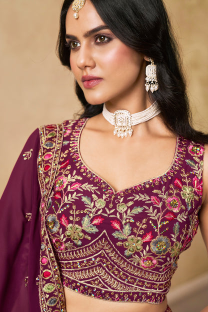 Aaryashree Maroon Georgette Embroidered Lehenga Choli with Dupatta