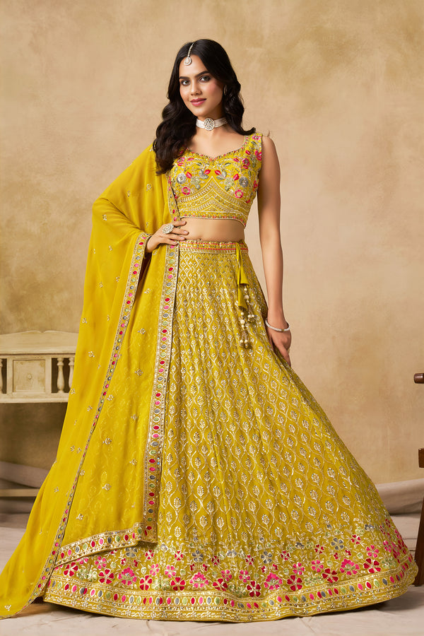Solara Yellow Georgette Embroidered Lehenga Choli with Dupatta