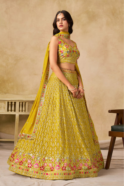 Solara Yellow Georgette Embroidered Lehenga Choli with Dupatta