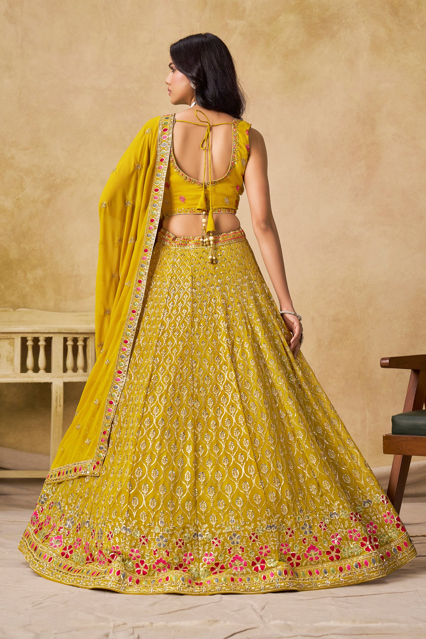Solara Yellow Georgette Embroidered Lehenga Choli with Dupatta