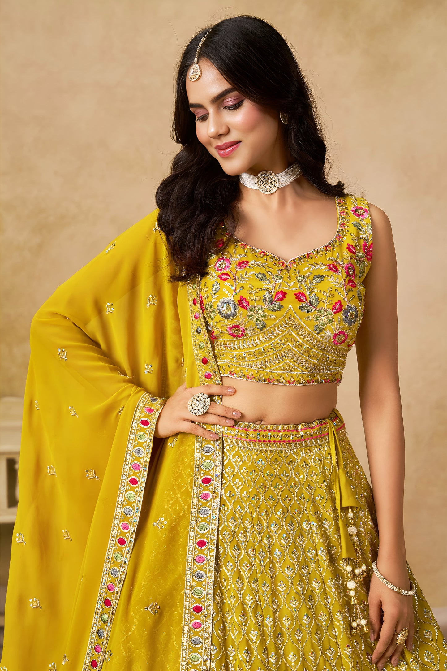Solara Yellow Georgette Embroidered Lehenga Choli with Dupatta