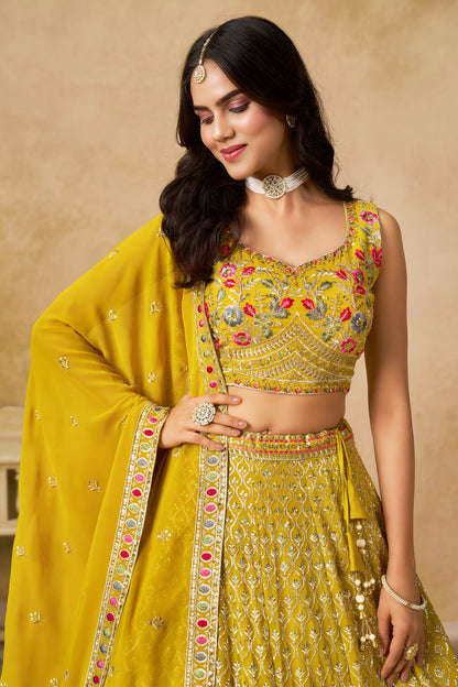 Solara Yellow Georgette Embroidered Lehenga Choli with Dupatta