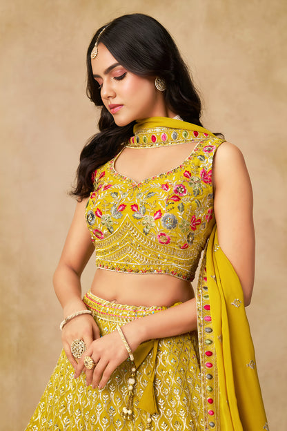 Solara Yellow Georgette Embroidered Lehenga Choli with Dupatta