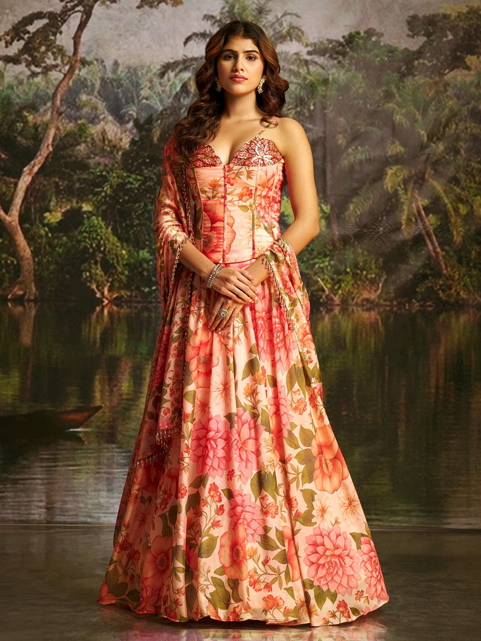 Veloura Peach Handwork Corset Lehenga Set