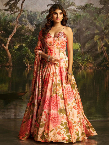 Veloura Peach Handwork Corset Lehenga Set