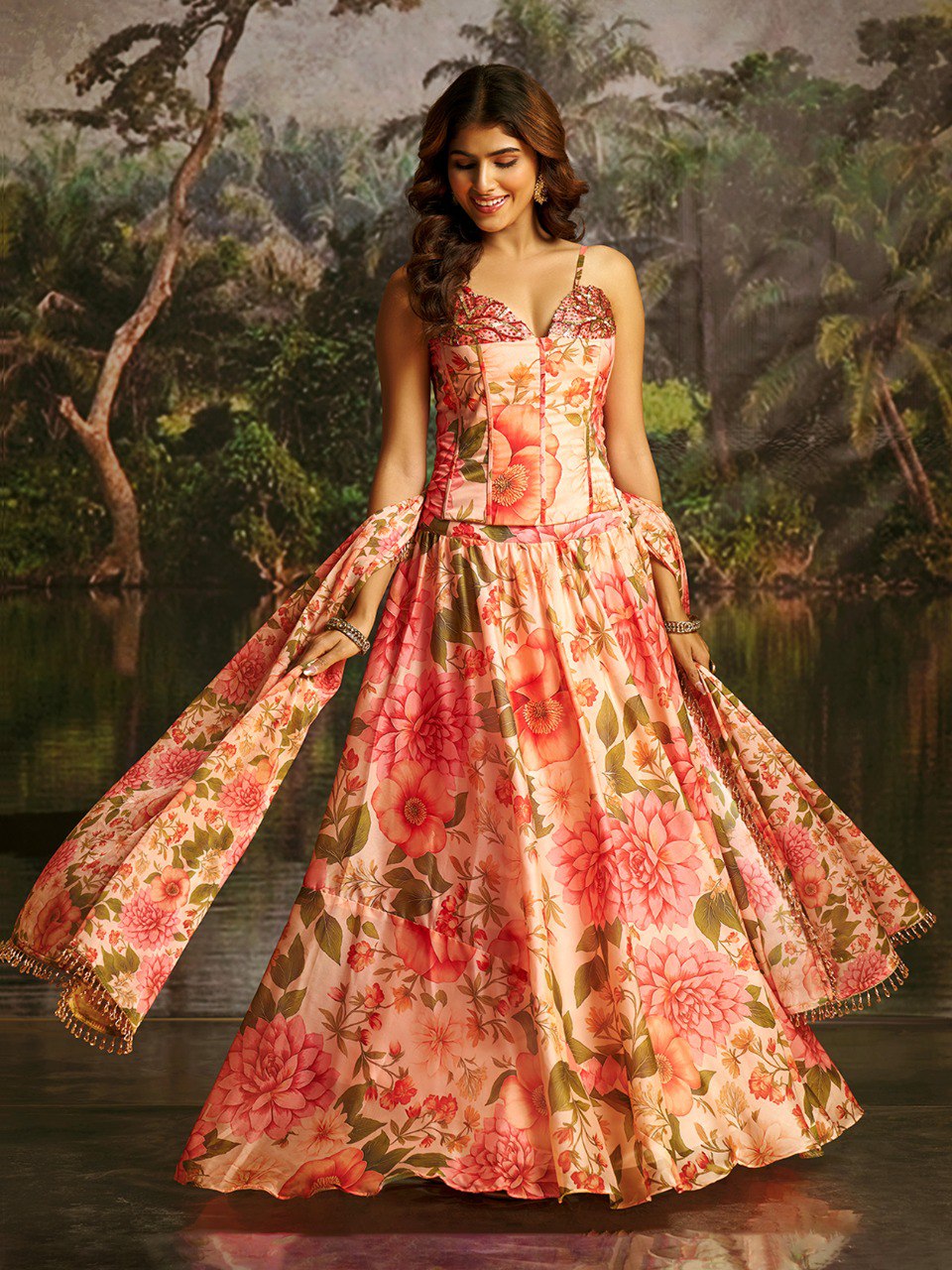 Veloura Peach Handwork Corset Lehenga Set