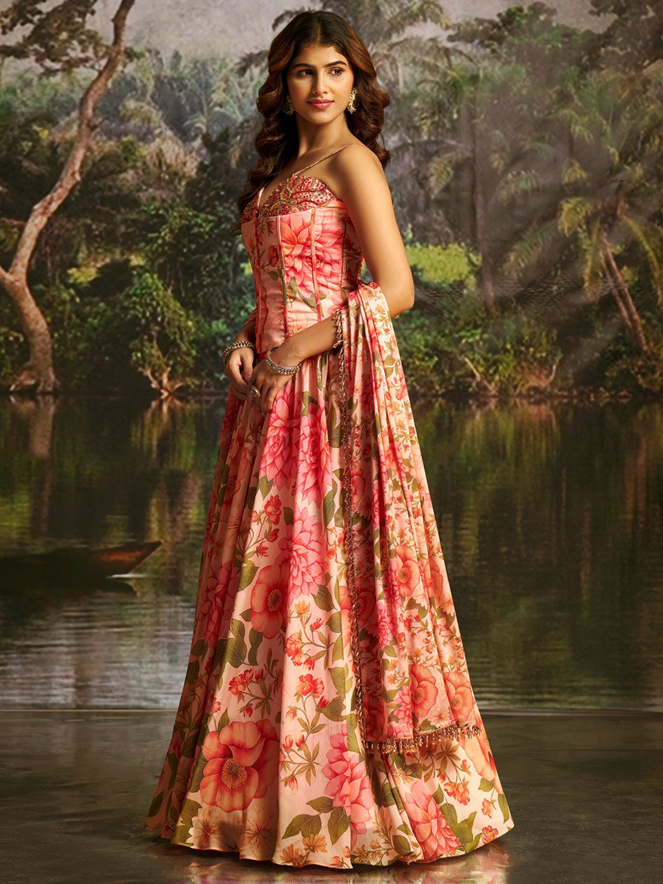 Veloura Peach Handwork Corset Lehenga Set