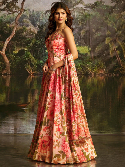 Veloura Peach Handwork Corset Lehenga Set